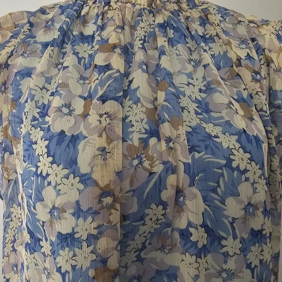 MELLODAY blue BLOUSE top FLORAL lined SMOCKED ruffles BLOUSE - Picture 3 of 12